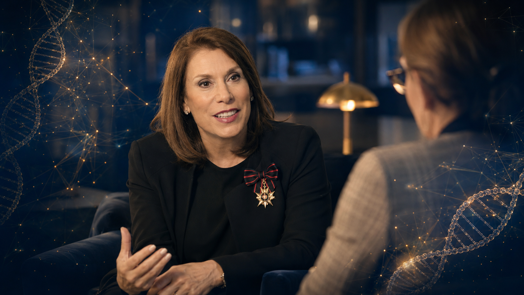 A sophisticated scientific conversation in a blue and gold setting